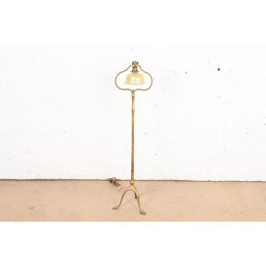 Tiffany Studios New York Gilt Bronze Harp Floor Lamp With Favrile Glass Shade