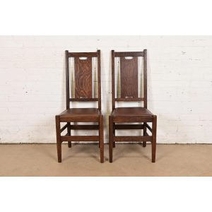 Gustav Stickley Antique Mission Oak Arts & Crafts H-Back Dining Chairs With Leather Seats, Pair
