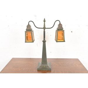 Handel Style Antique Arts & Crafts Bronze and Slag Glass Double Table Lamp, Circa 1920s