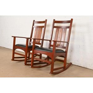 Stickley Harvey Ellis Collection Mission Arts & Crafts Inlaid Cherry Wood and Leather Rocking Chairs, Pair