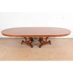 Henredon Regency Cherry and Burl Wood Double Pedestal Extension Dining Table, Newly Refinished