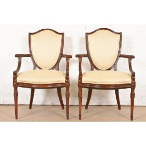 Baker Furniture Style French Regency Louis XVI Carved Walnut Shield Back Armchairs, Pair