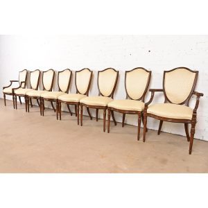 Baker Furniture Style French Regency Louis XVI Carved Walnut Shield Back Dining Chairs, Set of Eight