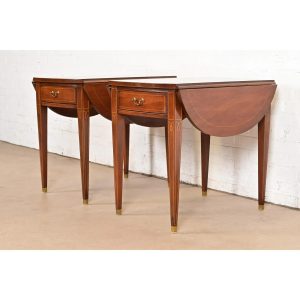 Baker Furniture Style Mahogany Drop Leaf Pembroke Side Tables, Pair