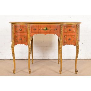 Romweber Style French Provincial Louis XV Carved Satinwood and Parcel Painted Kidney Shaped Vanity, Circa 1920s