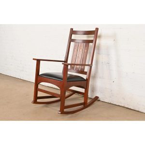 Stickley Harvey Ellis Collection Mission Arts & Crafts Inlaid Cherry Wood and Leather Rocking Chair