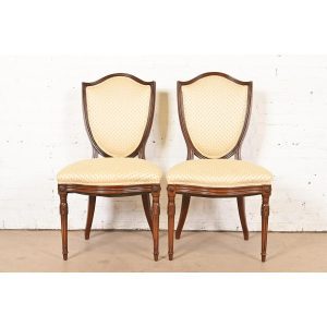 Baker Furniture Style French Regency Louis XVI Carved Walnut Shield Back Side Chairs or Dining Chairs, Pair