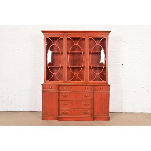 Georgian Red Lacquered Lighted Breakfront Bookcase Cabinet With Drop Front Secretary Desk by Jasper Cabinet Co.