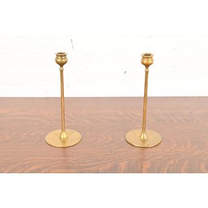 Robert Jarvie Signed Antique Arts & Crafts Turned Brass Tall Candlesticks, Pair