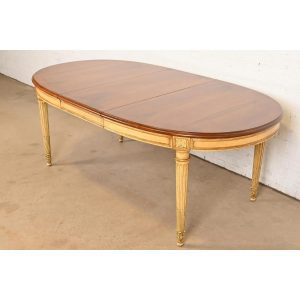 Karges French Regency Louis XVI Burled Walnut Parcel Painted and Gilt Extension Dining Table, Newly Refinished
