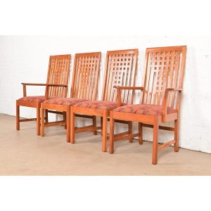 Stickley Mission Arts & Crafts Cherry Wood Dining Chairs in the Manner of Frank Lloyd Wright, Set of Four