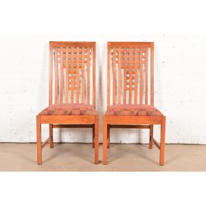 Stickley Mission Arts & Crafts Cherry Wood Side Chairs or Dining Chairs in the Manner of Frank Lloyd Wright, Pair