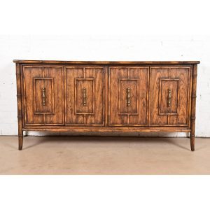 Mid-Century Hollywood Regency Chinoiserie Fruitwood Faux Bamboo Credenza by National Mt. Airy, Circa 1960s