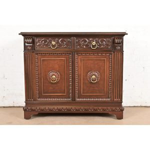 Berkey & Gay Antique English Tudor Carved Walnut and Burl Wood Bar Cabinet, Newly Refinished