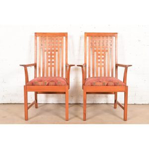Stickley Mission Arts & Crafts Cherry Wood Armchairs in the Manner of Frank Lloyd Wright, Pair