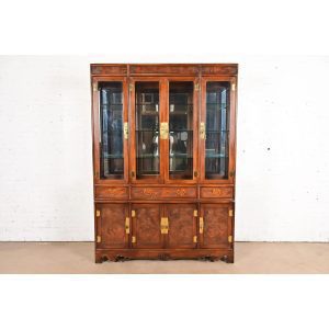 Drexel Heritage Hollywood Regency Chinoiserie Burled Mahogany Lighted Bookcase or Display Cabinet