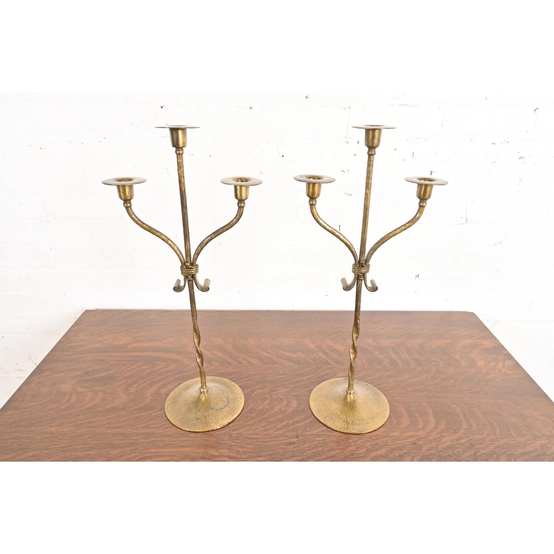 Roycroft Arts & Crafts Brass Finished Hammered Copper Candelabras, Pair - Image 2
