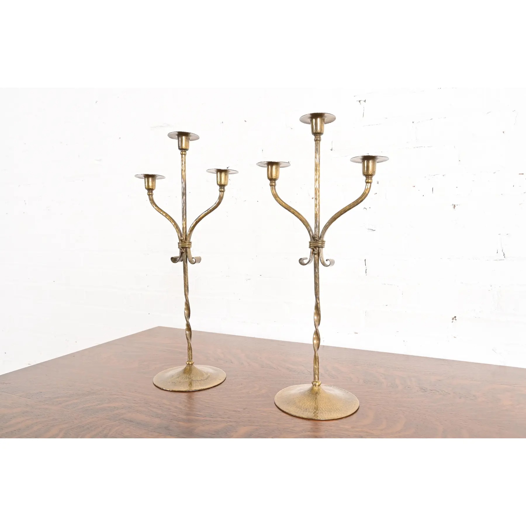 Roycroft Arts & Crafts Brass Finished Hammered Copper Candelabras, Pair - Image 3