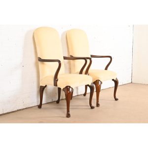 Henkel Harris Queen Anne Carved Mahogany Upholstered Arm Chairs, Pair