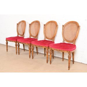 Karges French Regency Louis XVI Carved Walnut Cane Back Dining Chairs, Set of Four