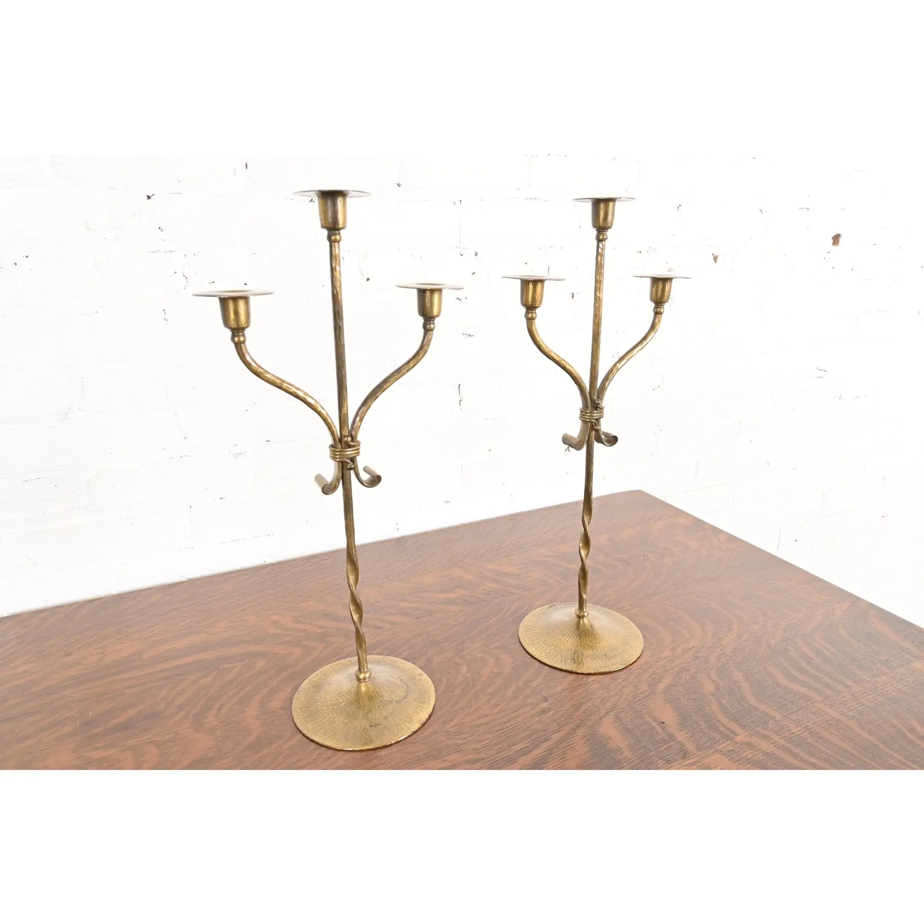 Roycroft Arts & Crafts Brass Finished Hammered Copper Candelabras, Pair - Image 4