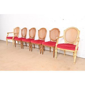 Karges French Regency Louis XVI Carved Walnut Cane Back Parcel Painted Dining Chairs, Set of Six