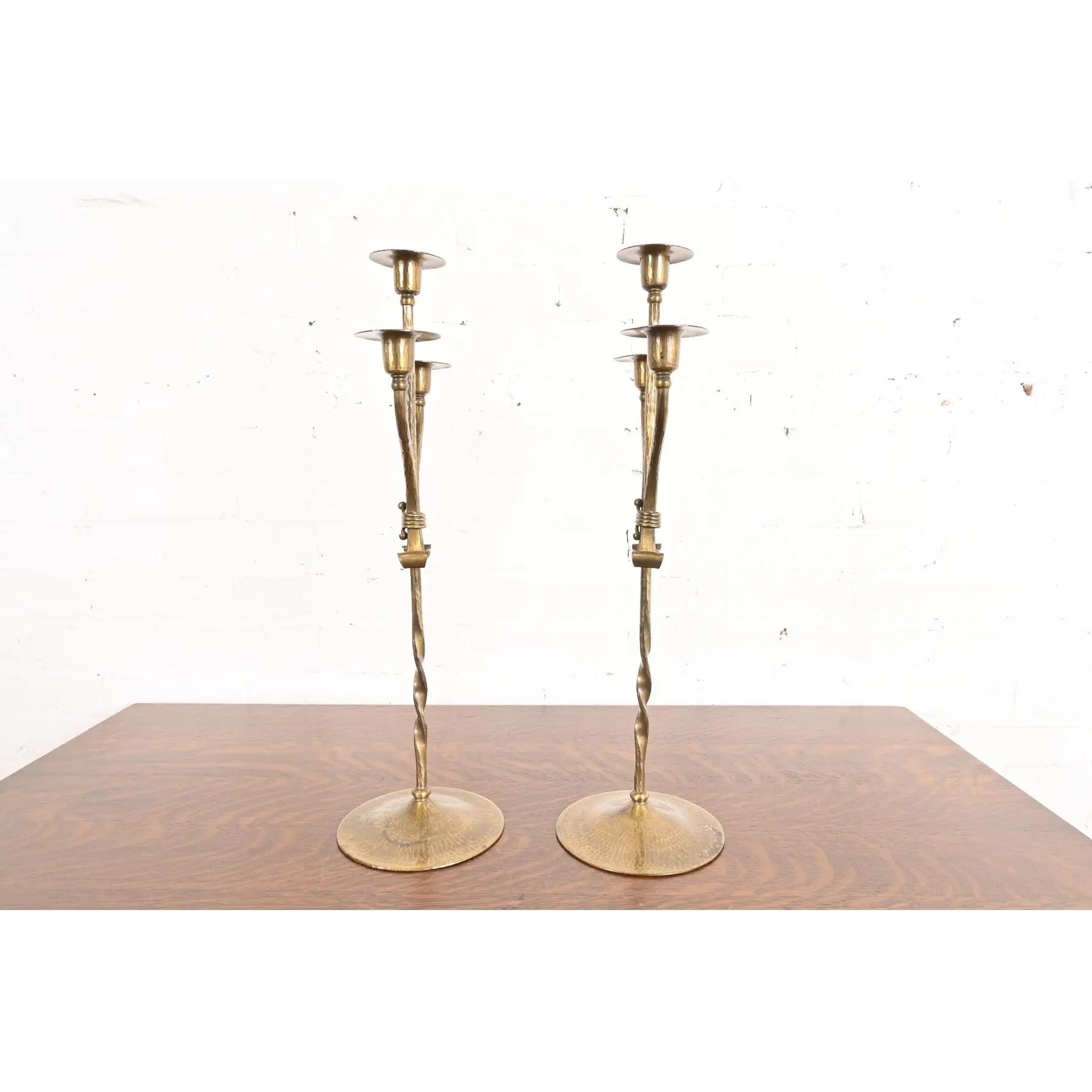 Roycroft Arts & Crafts Brass Finished Hammered Copper Candelabras, Pair - Image 9