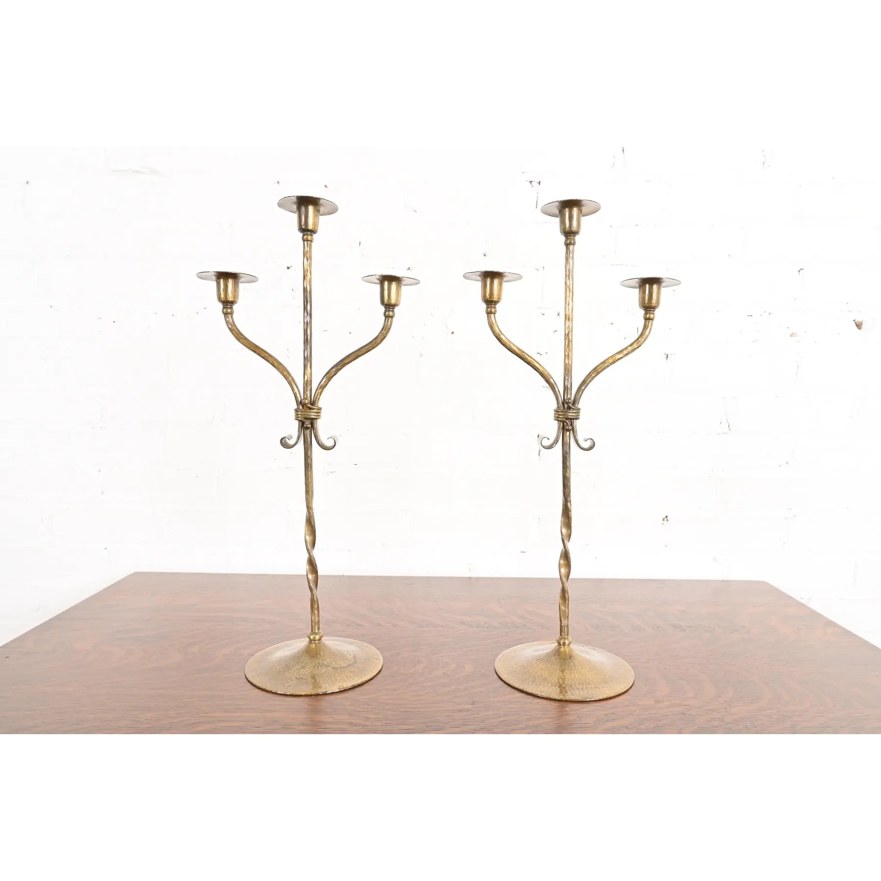 Roycroft Arts & Crafts Brass Finished Hammered Copper Candelabras, Pair
