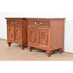 Thomasville French Regency Louis XVI Carved Mahogany and Burl Wood Nightstands, Newly Refinished