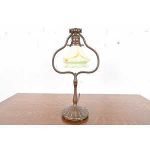 Tiffany Studios New York Bronze Harp Desk Lamp With Pulled Feather Favrile Glass Shade