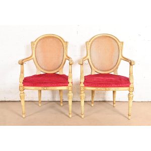 Karges French Regency Louis XVI Cream Lacquered Carved Walnut and Cane Back Armchairs, Pair