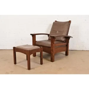 Gustav Stickley Mission Oak Arts & Crafts Bow Arm Reclining Morris Lounge Chair With Ottoman by Warren Hile Studio, Newly Refinished