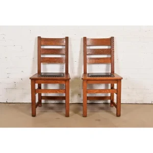 Limbert Antique Mission Oak Arts & Crafts Ladder Back Side Chairs or Dining Chairs, Pair