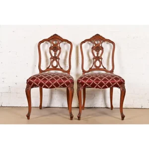 Romweber French Provincial Louis XV Carved Walnut Side Chairs or Dining Chairs, Pair