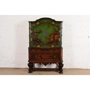 Antique Chinoiserie Jacobean Green Lacquered Hand Painted Bookcase or Bar Cabinet, Circa 1920s