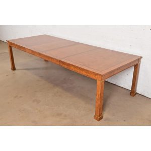 Baker Furniture French Empire Burl Wood and Brass Extension Dining Table, Newly Refinished