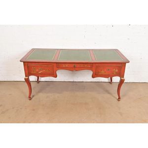 Baker Furniture French Regency Chinoiserie Red Lacquered Hand Painted Leather Top Bureau Plat Desk