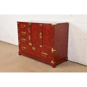 Century Furniture Hollywood Regency Chinoiserie Red Lacquered Commode or Chest of Drawers, Circa 1970s