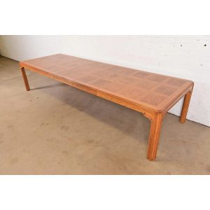 Drexel Heritage Mid-Century Modern Oak and Burl Wood Extension Dining Table, Newly Refinished