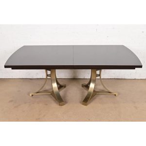 Ethan Allen Modern Regency Mahogany and Brass Double Pedestal Dining Table, Newly Refinished