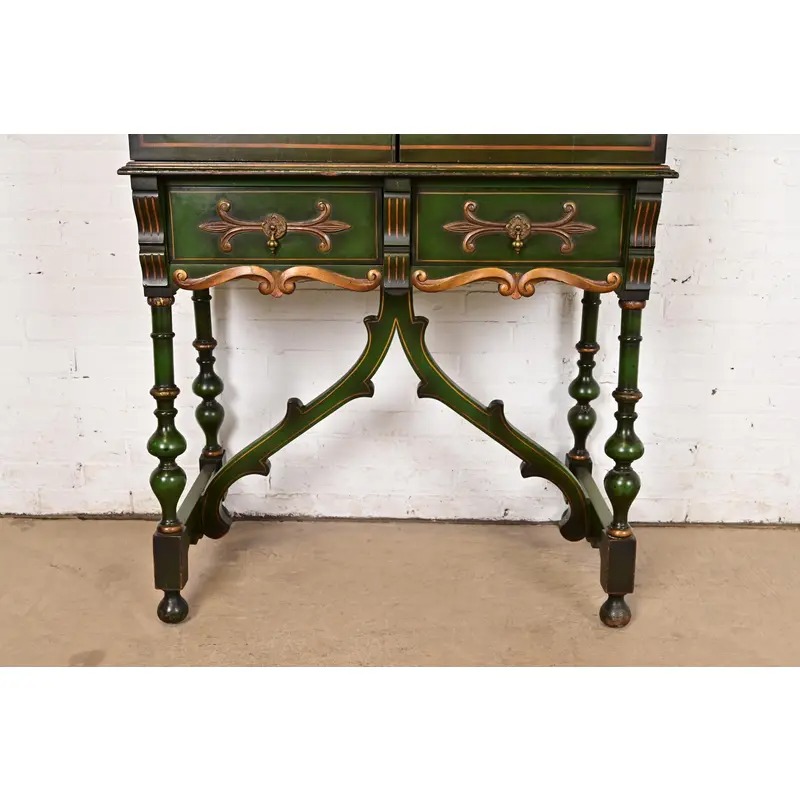 Antique Chinoiserie Jacobean Green Lacquered Hand Painted Bookcase or Bar Cabinet, Circa 1920s - Image 10