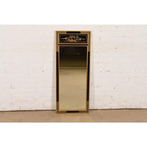 Drexel Heritage Hollywood Regency Chinoiserie Hand-Painted Black Lacquered Tall Wall Mirror