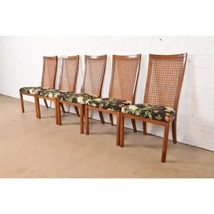 Drexel Heritage Mid-Century Modern Walnut and Cane High Back Dining Chairs, Set of Five
