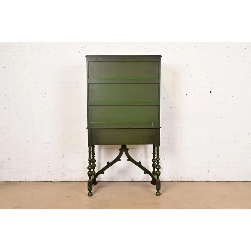 Antique Chinoiserie Jacobean Green Lacquered Hand Painted Bookcase or Bar Cabinet, Circa 1920s - Image 11