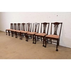 Baker Furniture Style Chippendale Carved Mahogany Dining Chairs, Set of Eight