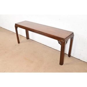 Baker Furniture Style Hollywood Regency Chinoiserie Carved Mahogany Console Table, Circa 1960s