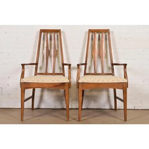 Broyhill Brasilia Style Mid-Century Modern Sculpted Walnut High Back Armchairs, Pair