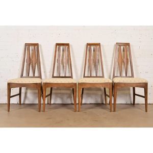 Broyhill Brasilia Style Mid-Century Modern Sculpted Walnut High Back Dining Chairs, Set of Four