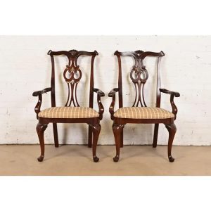 Century Furniture Georgian Carved Mahogany Armchairs or Dining Captain Chairs, Pair