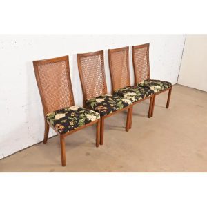 Drexel Heritage Mid-Century Modern Walnut and Cane High Back Dining Chairs, Set of Four